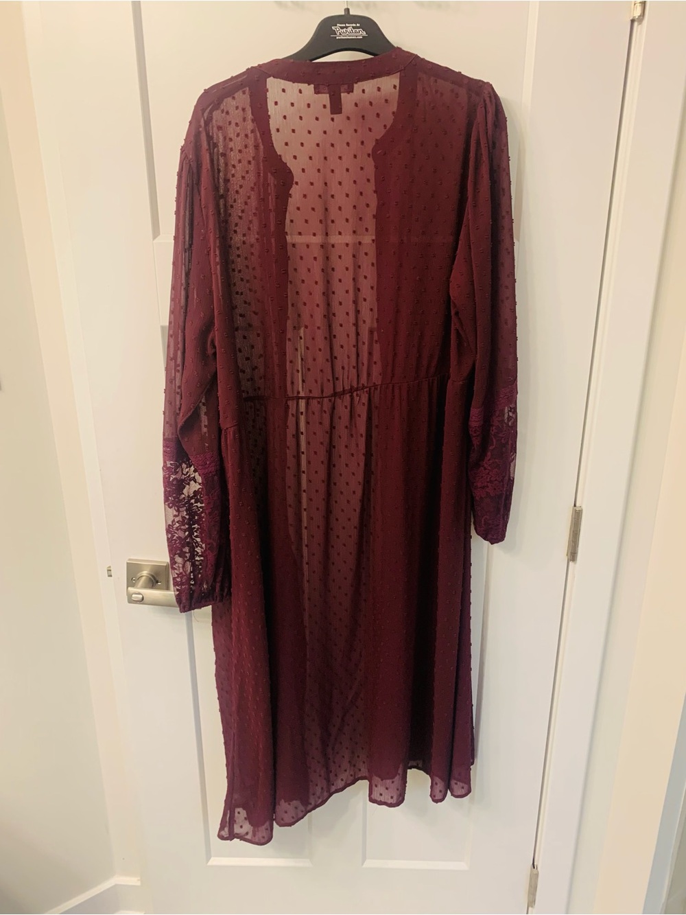 torrid Burgundy Sheer Swiss Dot Longline Blouse with Lace Sleeves